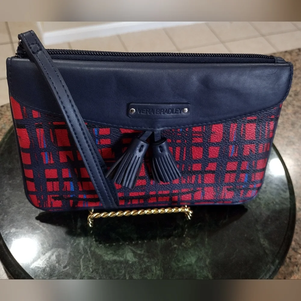 Vera Bradley Tassel Wristlet in Navy/Red Art Plaid